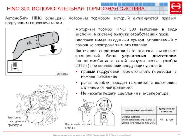 HINO 300. ВСПОМОГАТЕЛЬНАЯ ТОРМОЗНАЯ СИСТЕМА Тормозные системы автомобилей HINO | Презентация