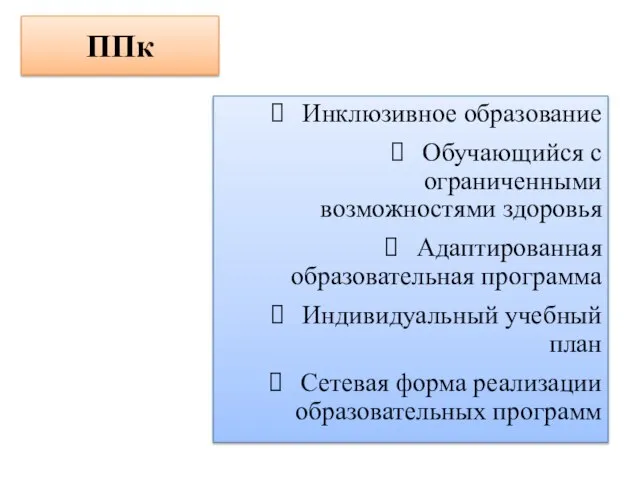 Инклюзивное образование Обучающийся с ограниченными возможностями здоровья Адаптированная образовательная программа Индивидуальный