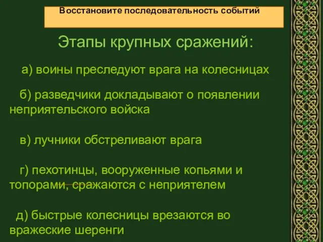 Восстановите последовательность событий Этапы крупных сражений: а) воины преследуют врага на