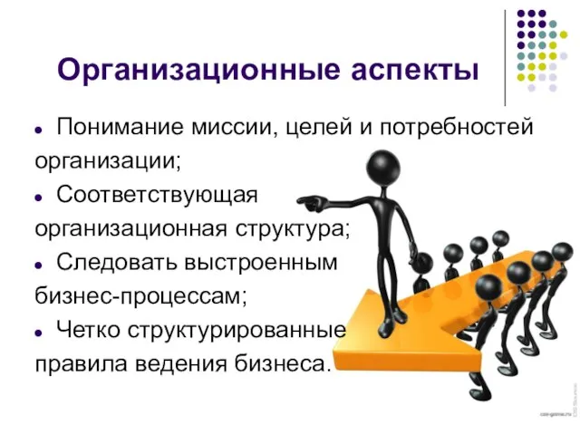 Организационные аспекты Понимание миссии, целей и потребностей организации; Соответствующая организационная структура;