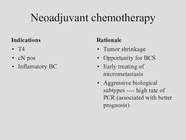 Neoadjuvant chemotherapy Indications T4 cN pos Inflamatory BC Rationale Tumor shrinkage