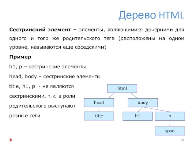 Дерево HTML Сестринский элемент – элементы, являющимися дочерними для одного и