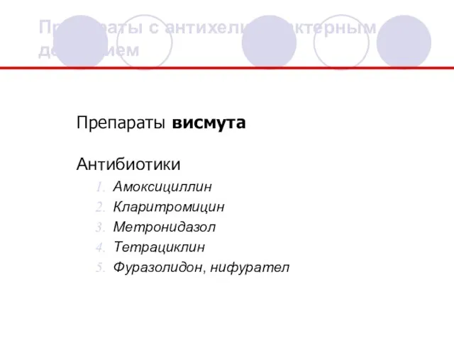 Препараты с антихеликобактерным действием Антибиотики Амоксициллин Кларитромицин Метронидазол Тетрациклин Фуразолидон, нифурател Препараты висмута