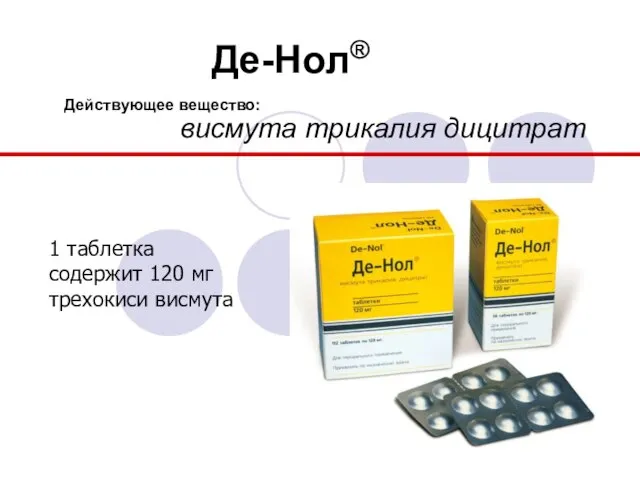 Де-Нол® Действующее вещество: висмута трикалия дицитрат 1 таблетка содержит 120 мг трехокиси висмута
