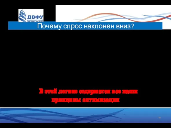 Такой наклон требует одного важного предположения: Убывающая предельная полезность Каждое следующее