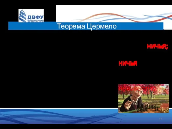 Теорема Цермело Zermelo, 1913: Во всякой детерминированной конечной игре двух игроков,