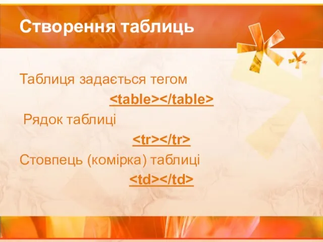 Створення таблиць Таблиця задається тегом Рядок таблиці Стовпець (комірка) таблиці