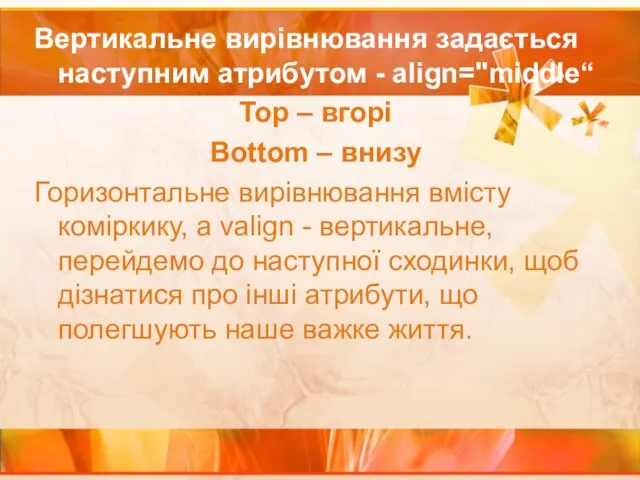 Вертикальне вирівнювання задається наступним атрибутом - align="middle“ Top – вгорі Bottom