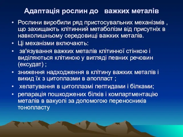 Адаптація рослин до важких металів Рослини виробили ряд пристосувальних механізмів ,