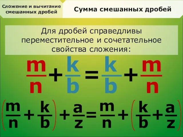 Сложение и вычитание смешанных дробей Сумма смешанных дробей Для дробей справедливы