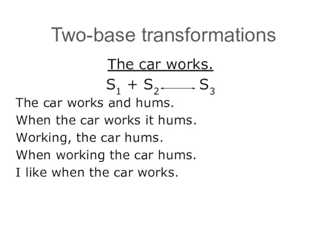 Two-base transformations The car works. S1 + S2 S3 The car