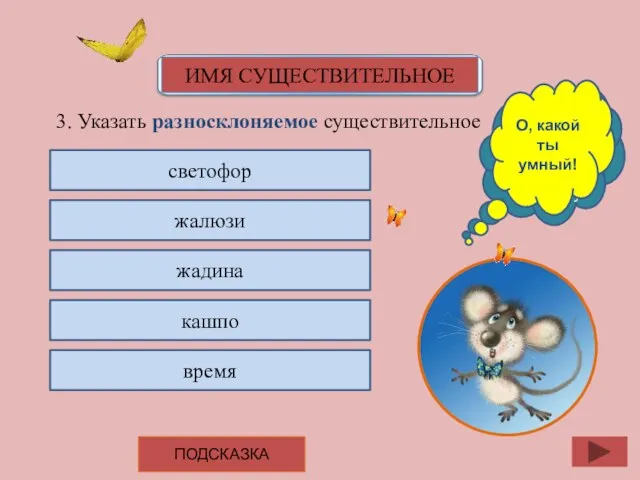 3. Указать разносклоняемое существительное светофор жалюзи жадина кашпо время Подумай ещё,