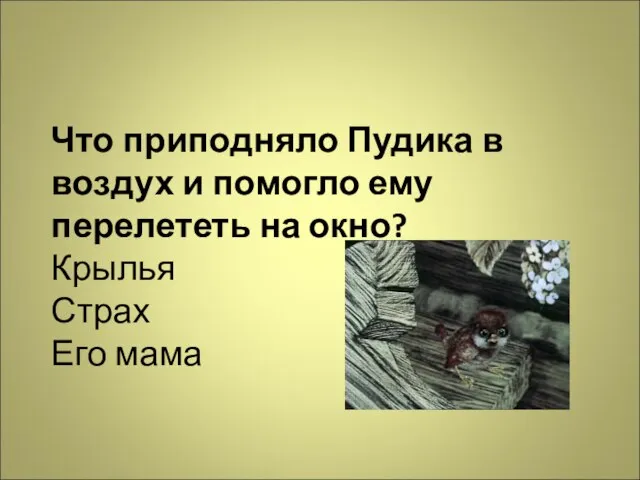 Что приподняло Пудика в воздух и помогло ему перелететь на окно? Крылья Страх Его мама