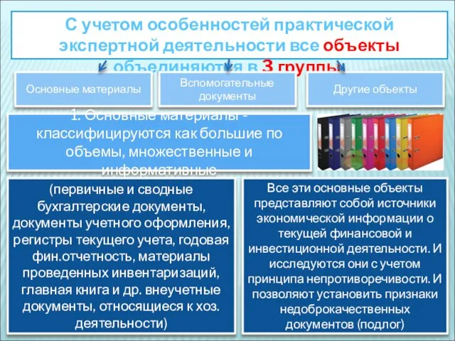 С учетом особенностей практической экспертной деятельности все объекты объединяются в 3