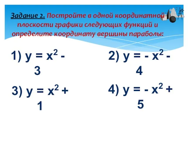 Задание 2. Постройте в одной координатной плоскости графики следующих функций и