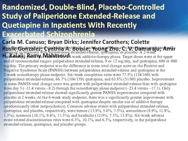 Randomized, Double-Blind, Placebo-Controlled Study of Paliperidone Extended-Release and Quetiapine in Inpatients