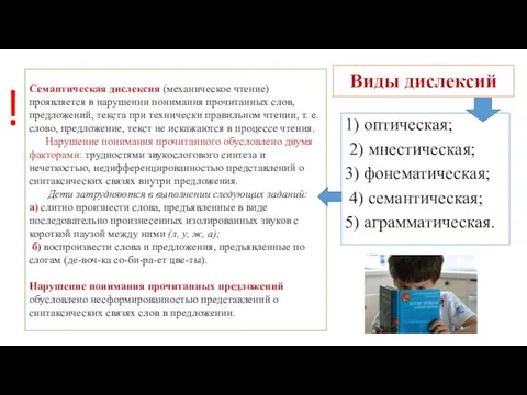 Виды дислексий 1) оптическая; 2) мнестическая; 3) фонематическая; 4) семантическая; 5)