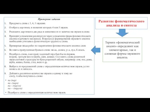 Развитие фонематического анализа и синтеза Примерные задания Придумать слова с 3,