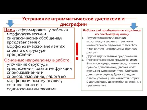 Устранение аграмматической дислексии и дисграфии Цель - сформировать у ребенка морфологические