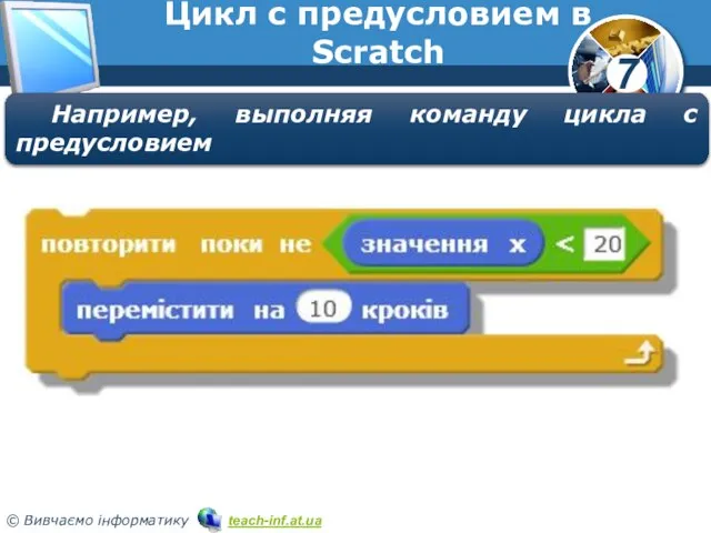 Цикл с предусловием в Scratch Например, выполняя команду цикла с предусловием