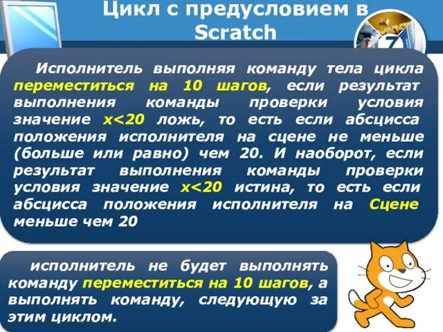 Цикл с предусловием в Scratch Исполнитель выполняя команду тела цикла переместиться