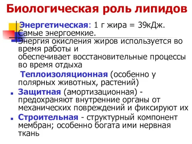 Биологическая роль липидов Энергетическая: 1 г жира = 39кДж. Самые энергоемкие.