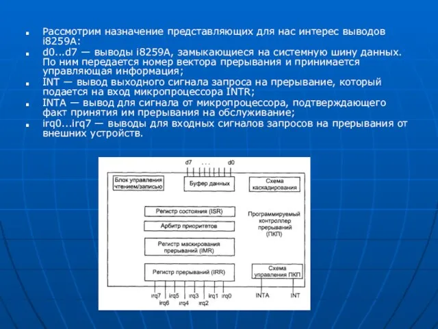 Рассмотрим назначение представляющих для нас интерес выводов i8259A: d0...d7 — выводы