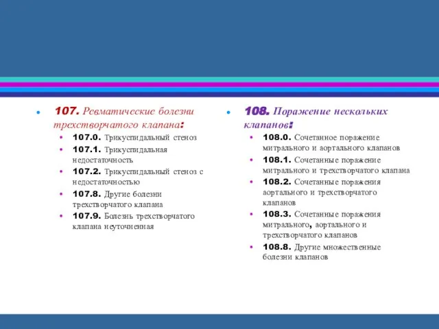 107. Ревматические болезни трехстворчатого клапана: 107.0. Трикуспидальный стеноз 107.1. Трикуспидальная недостаточность