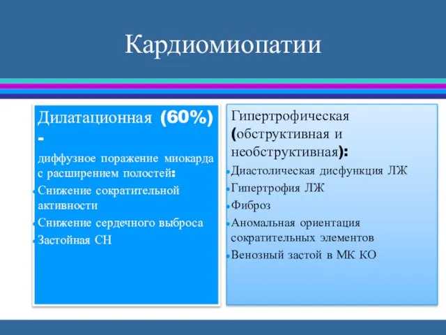 Кардиомиопатии Дилатационная (60%) - диффузное поражение миокарда с расширением полостей: Снижение