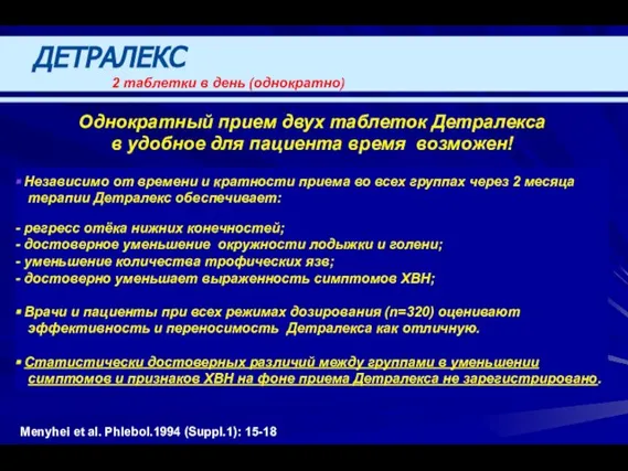 Menyhei et al. Phlebol.1994 (Suppl.1): 15-18 Независимо от времени и кратности