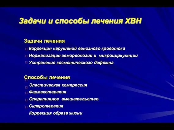 Задачи и способы лечения ХВН Задачи лечения Коррекция нарушений венозного кровотока