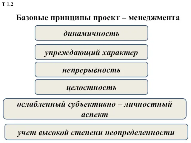 Базовые принципы проект – менеджмента динамичность упреждающий характер непрерывность целостность ослабленный