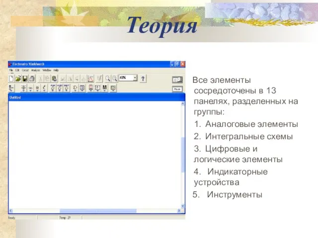 Теория Все элементы сосредоточены в 13 панелях, разделенных на группы: 1.