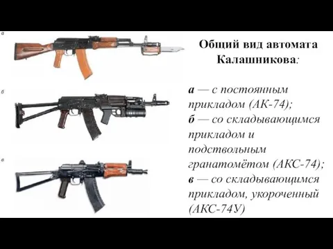 Общий вид автомата Калашникова: а — с постоянным прикладом (АК-74); б