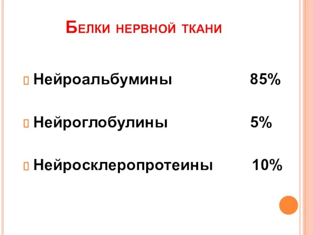 Белки нервной ткани Нейроальбумины 85% Нейроглобулины 5% Нейросклеропротеины 10%