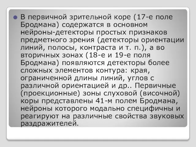 В первичной зрительной коре (17-е поле Бродмана) содержатся в основном нейроны-детекторы