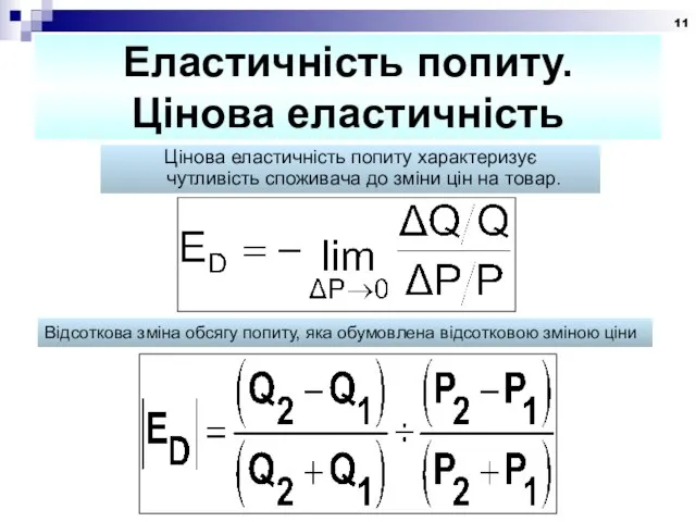 Еластичність попиту. Цінова еластичність Цінова еластичність попиту характеризує чутливість споживача до