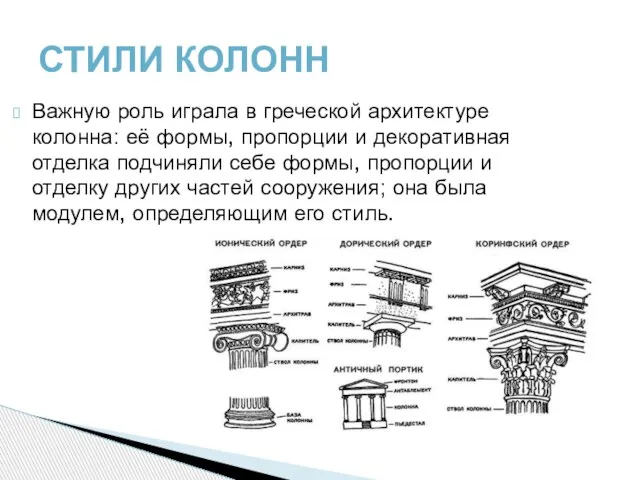 Важную роль играла в греческой архитектуре колонна: её формы, пропорции и