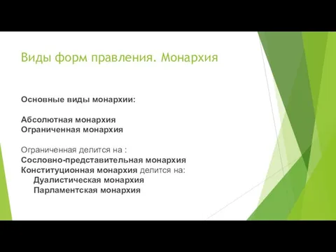 Виды форм правления. Монархия Основные виды монархии: Абсолютная монархия Ограниченная монархия