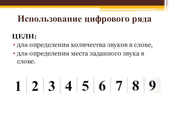 Использование цифрового ряда ЦЕЛИ: для определения количества звуков в слове, для