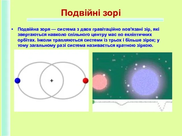 Подвійні зорі Подвійна зоря — система з двох гравітаційно пов'язані зір,