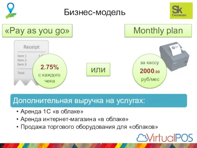 Бизнес-модель 2.75% с каждого чека или 2000.00 руб/мес «Pay as you go» Monthly plan за кассу