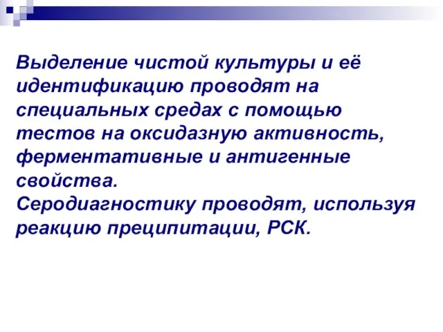 Выделение чистой культуры и её идентификацию проводят на специальных средах с