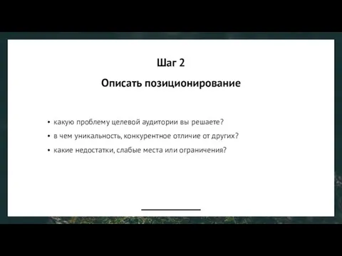 Шаг 2 Описать позиционирование какую проблему целевой аудитории вы решаете? в