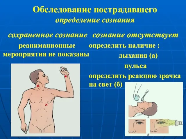 Обследование пострадавшего определение сознания сохраненное сознание реанимационные мероприятия не показаны сознание