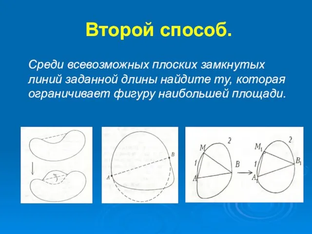 Второй способ. Среди всевозможных плоских замкнутых линий заданной длины найдите ту, которая ограничивает фигуру наибольшей площади.