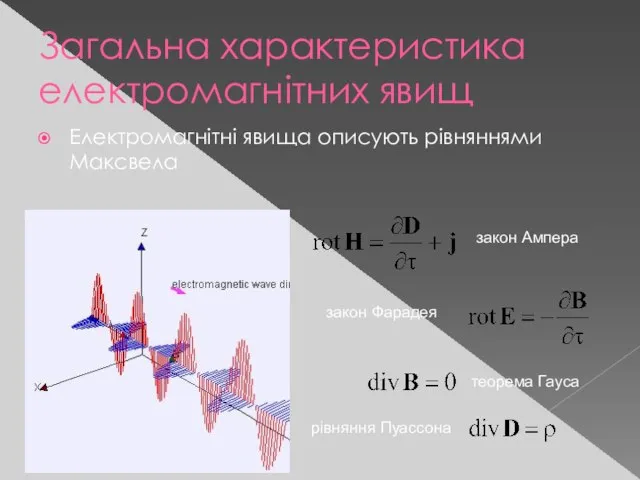 Загальна характеристика електромагнітних явищ Електромагнітні явища описують рівняннями Максвела закон Ампера
