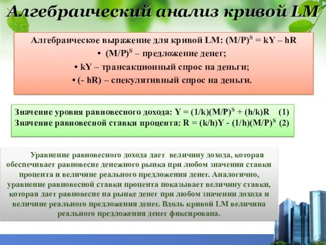 Алгебраический анализ кривой LM Алгебраическое выражение для кривой LM: (М/Р)S =