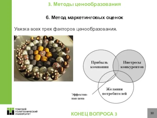 30 6. Метод маркетинговых оценок Увязка всех трех факторов ценообразования. 3. Методы ценообразования КОНЕЦ ВОПРОСА 3