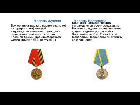 Медаль Жукова Медаль Нестерова Воинская награда, (в первоначальной интерпретации) которой награждались